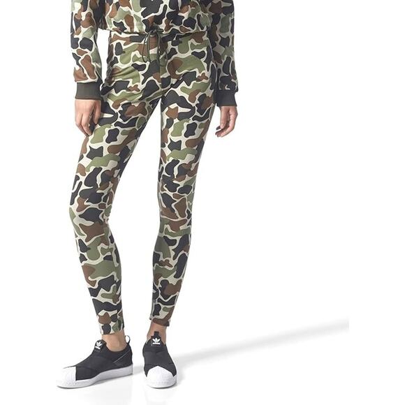 Adidas Leggings Womens Small Green Brown Camo Low Rise Street Trefoil Patch Y2K - Picture 1 of 11